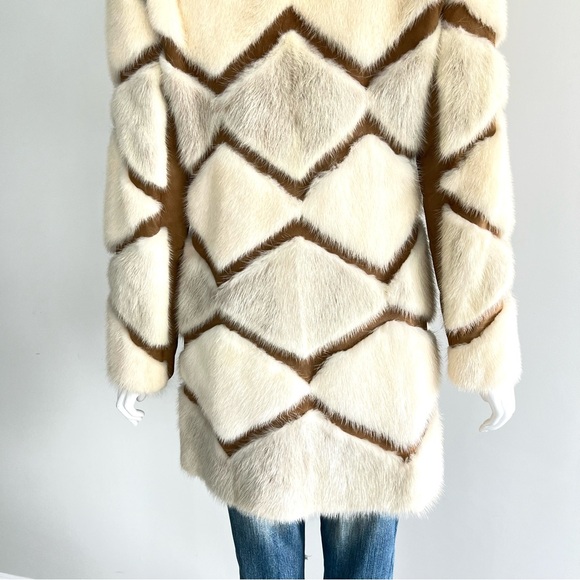 Genuine Geometric Cream w Light Gray Mink Tan Faux Suede Mid Jacket Coat Sz XS-M - Picture 8 of 15